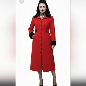 Vintage Red Black Wool Velvet Trench Coat Goth Size Small